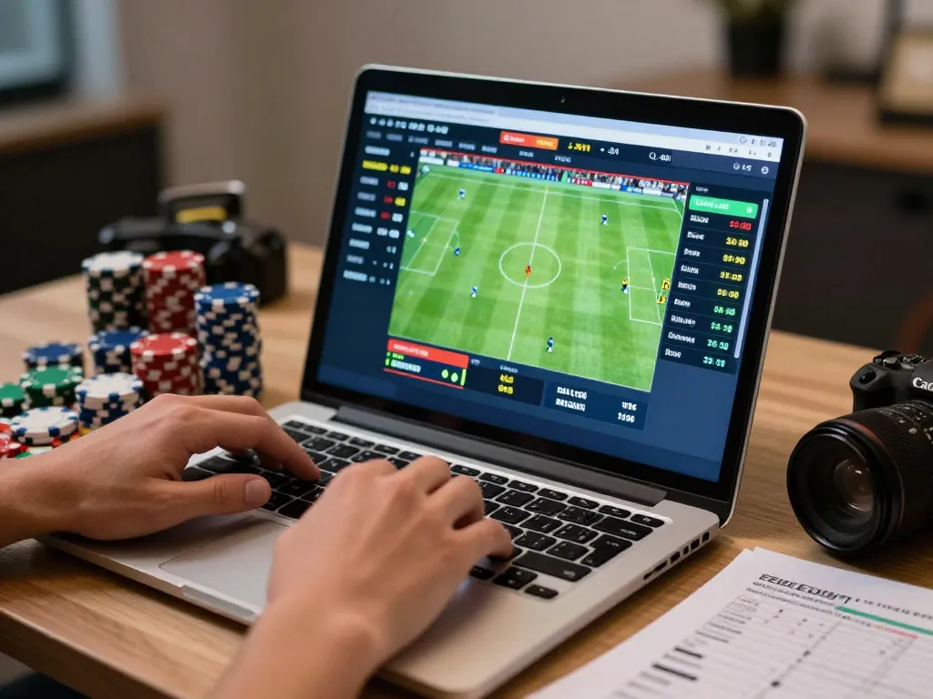 Engaged player using debet platform for live sports betting with dynamic odds displayed