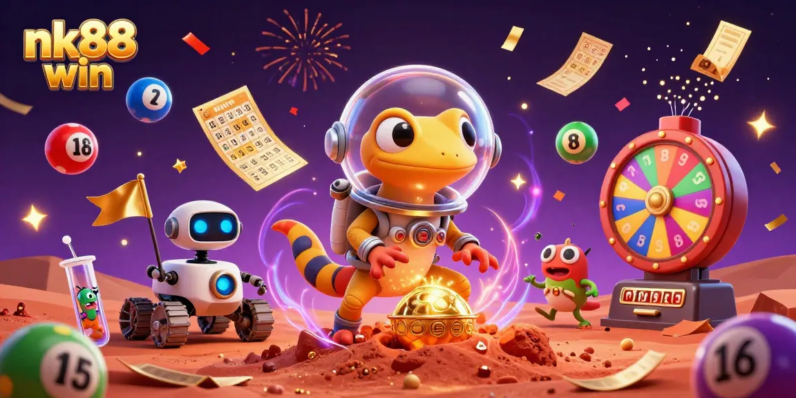 Experience nk88 win as a Martian gecko discovers a golden casino amidst vibrant activity and thrilling elements.