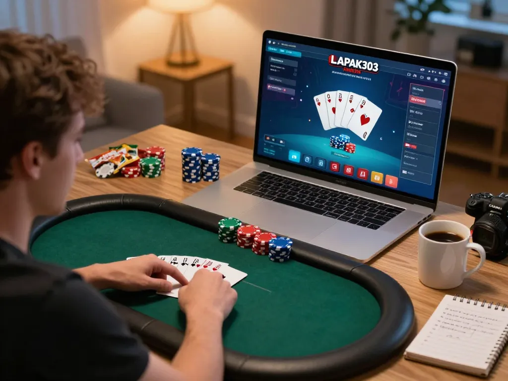 LAPAK303 online poker game in action on a stylish home office setup, showcasing players focused on their screens.