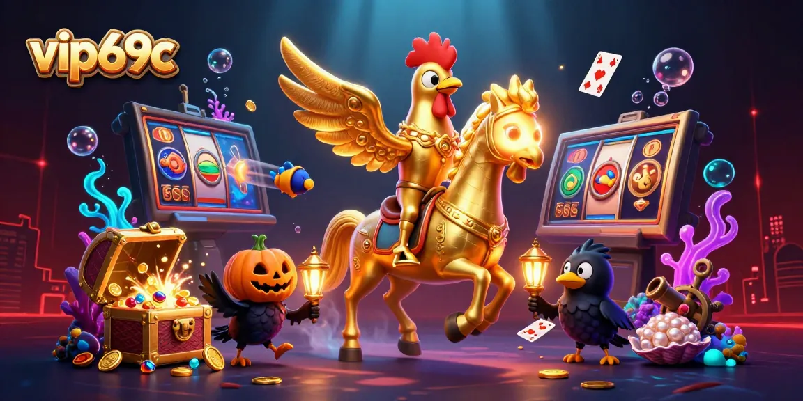 Experience the thrilling vibe of vip69c with a golden rooster riding through a vibrant casino, surrounded by rich gaming elements.