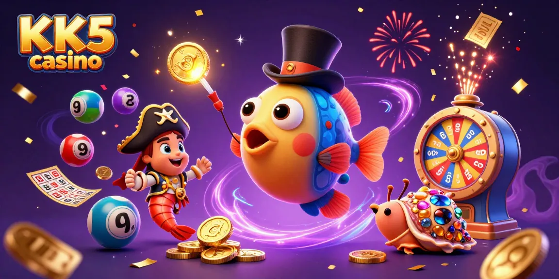 Win big at KK5 casino with lively characters and dynamic gambling elements in a vibrant 3D illustration.