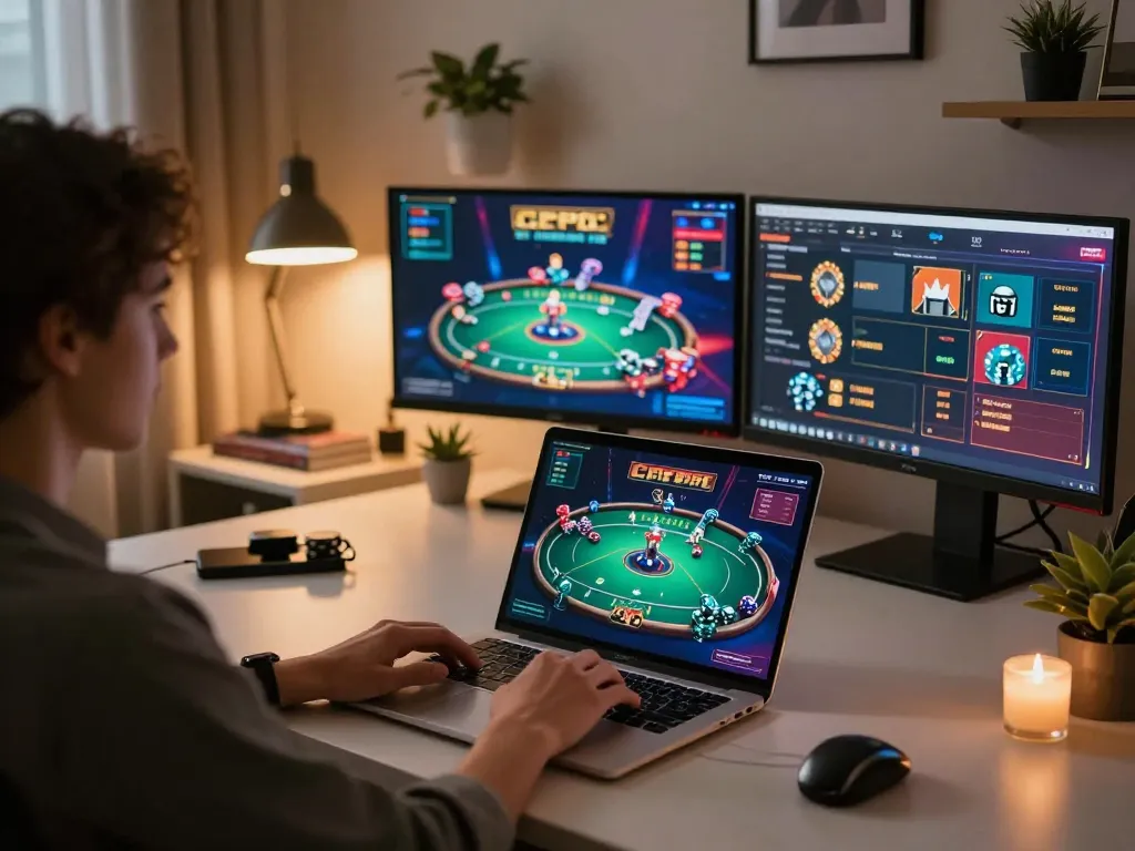 Engaging in online gambling at https://fabett.cn.com/ with vibrant poker game visible on laptop screen