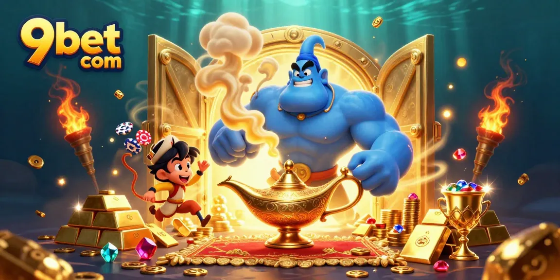 Engage with 9bet com's vibrant casino experience featuring a blue genie, poker chips, and treasure galore.