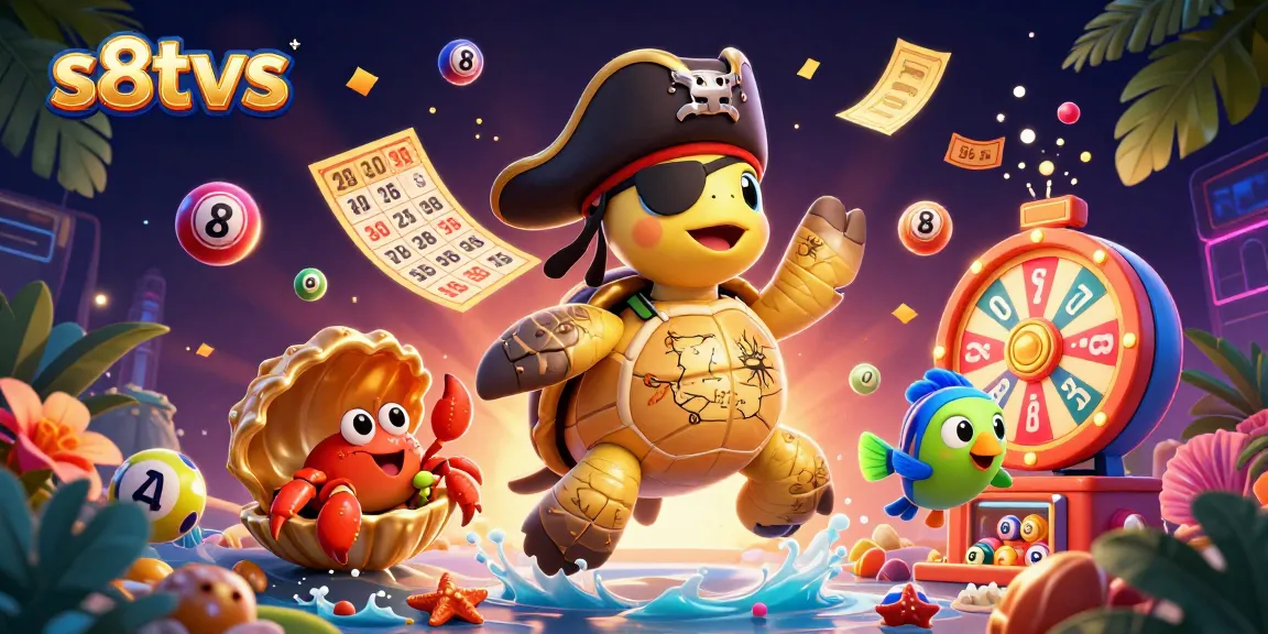 s8tvs showcases a vibrant 3D scene with a pirate turtle and lottery elements, highlighting gaming excitement.