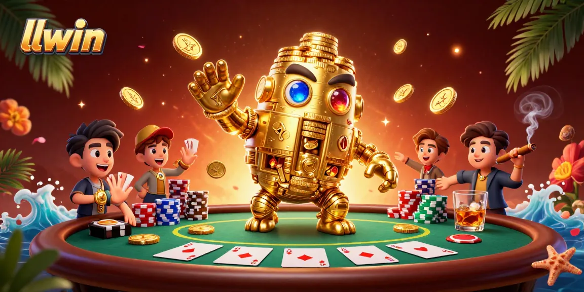 Engage with llwin casino's lively jackpot scene featuring golden golems and poker elements.