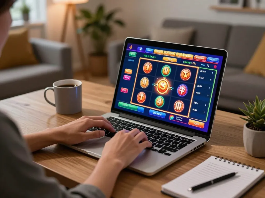 Casinon utan svensk licens: Spelare engagerad med online slots i en mysig hemmamiljö
