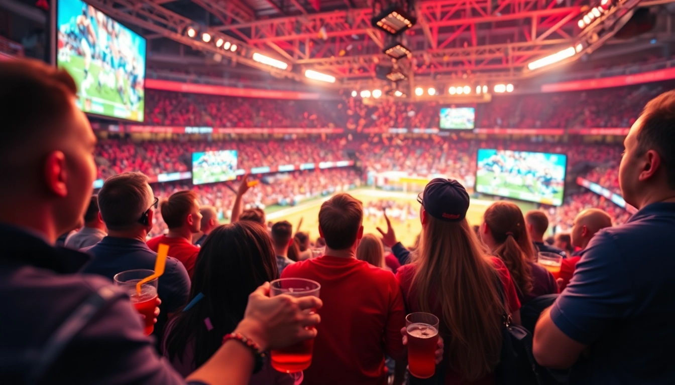 Engaged fans in sports broadcasting, celebrating at a live event with vibrant atmosphere.
