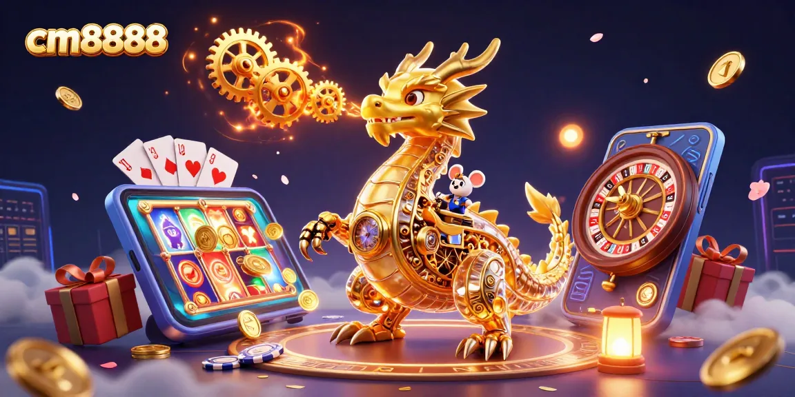 Experience the thrill of cm8888 with a colorful slot game scene featuring a golden dragon and dynamic gaming elements.