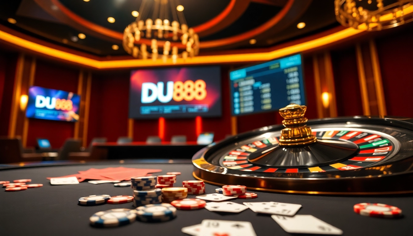 Engaging gambling scene featuring DU88 logo with roulette wheel and colorful poker chips.