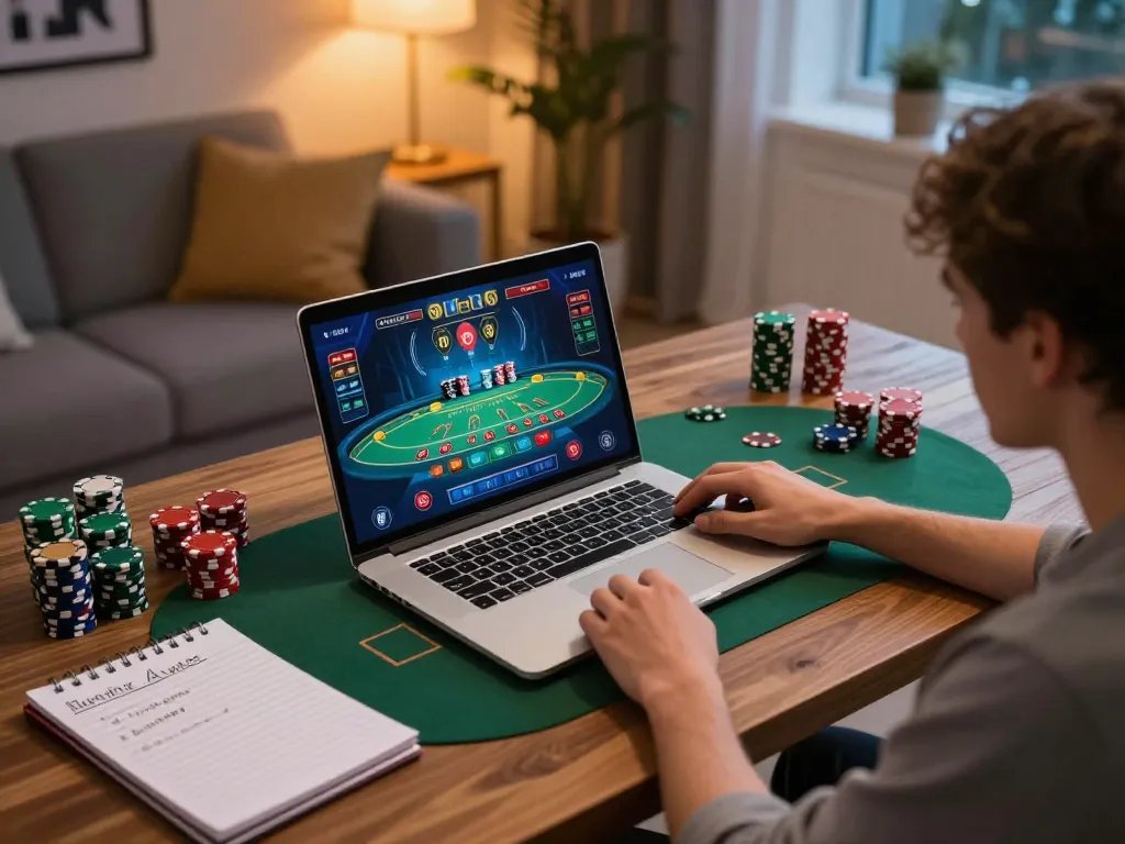 Player enjoying blackjack on a laptop, highlighting strategic gameplay on 98win9.