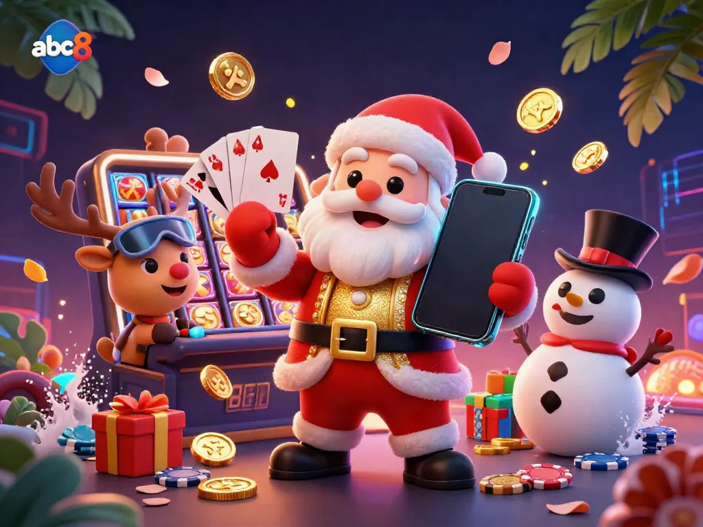 Engage with abc8's thrilling gaming experience illustrated by Santa Claus and friends in a casino setting.