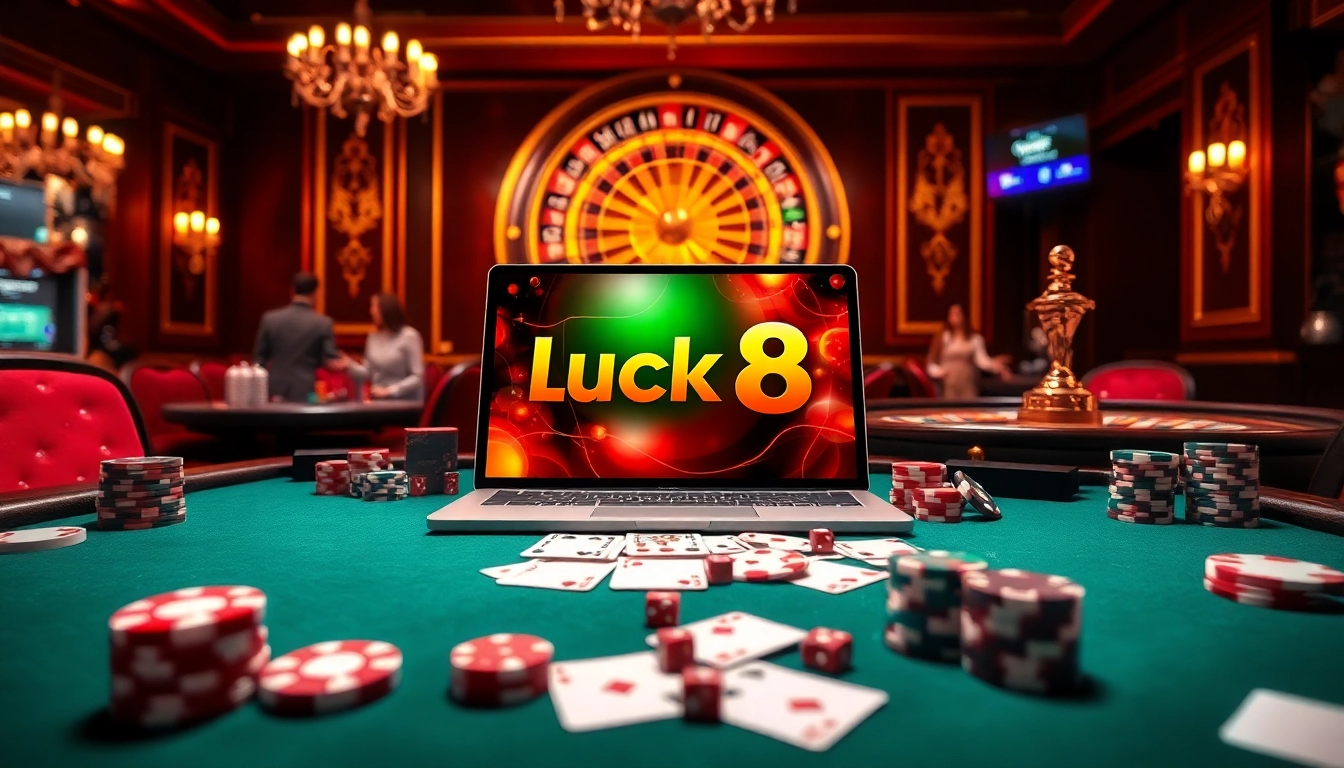 Luck8 online casino scene with poker chips and dice in a luxurious setting.