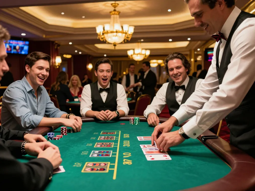 Players engage in a thrilling blackjack game at debet casino, dealer dealing cards with excitement
