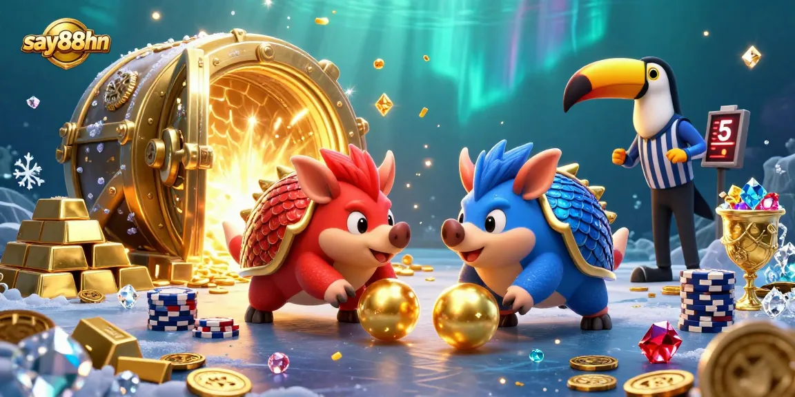 Experience the dynamic action of say88hn with rival pangolins bowling through poker chips in a lavish casino scene.