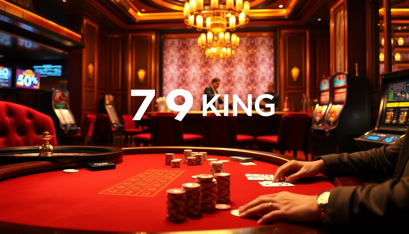 A high-stakes poker game at a luxurious casino featuring 79KING chips amidst a vibrant atmosphere.