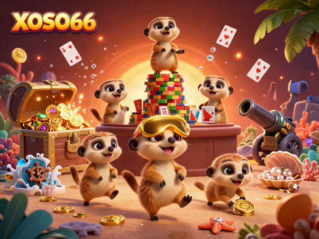XOSO66 showcases an energetic meerkat casino scene filled with gold coins, colorful games, and dynamic elements.