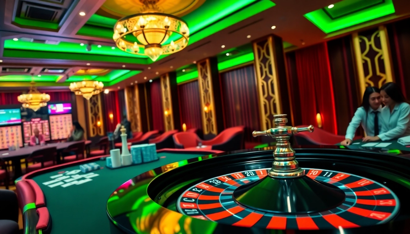 An exciting online gaming experience at https://8kbetbh.com/ with cards, chips, and a roulette wheel in a luxurious casino atmosphere.