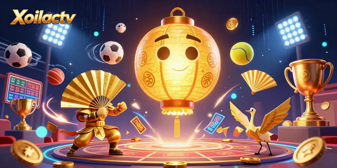Xoilactv showcases an animated scene with a glowing lantern spirit, sports elements, and golden details for a dynamic gambling experience.