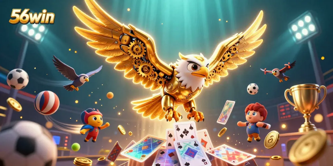 Engage in thrilling 56win gaming with a dynamic scene of a golden eagle amidst sports action and casino excitement.