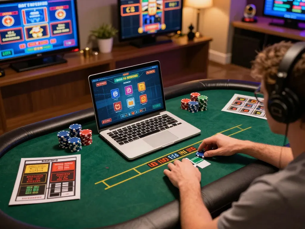 A person enjoying online gambling at https://uu88vn.com/ using a laptop with vibrant poker table and slot games.
