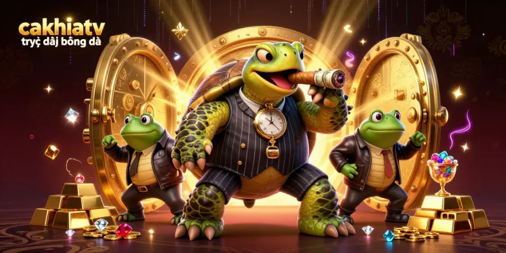 Cakhiatv trực tiếp bóng đá shows a turtle mobster and bullfrogs surrounded by treasure and vibrant casino elements.