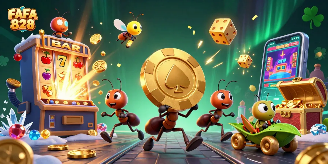 Engage with FAFA 828 as ants orchestrate a thrilling heist amidst vibrant casino elements.