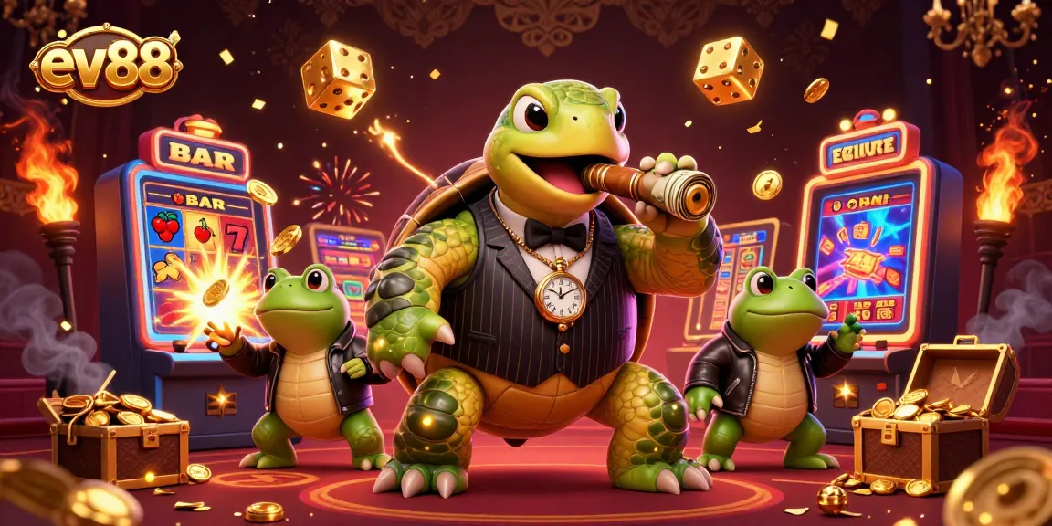 Engage in thrilling gameplay at ev88 with a vibrant casino scene featuring a mobster turtle and bullfrogs.