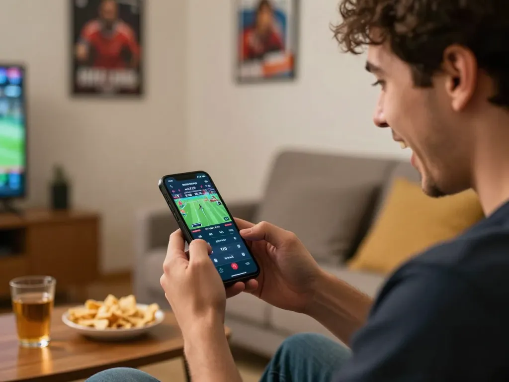 Cheering sports betting action with red88de mobile app displayed on phone during exciting live game.