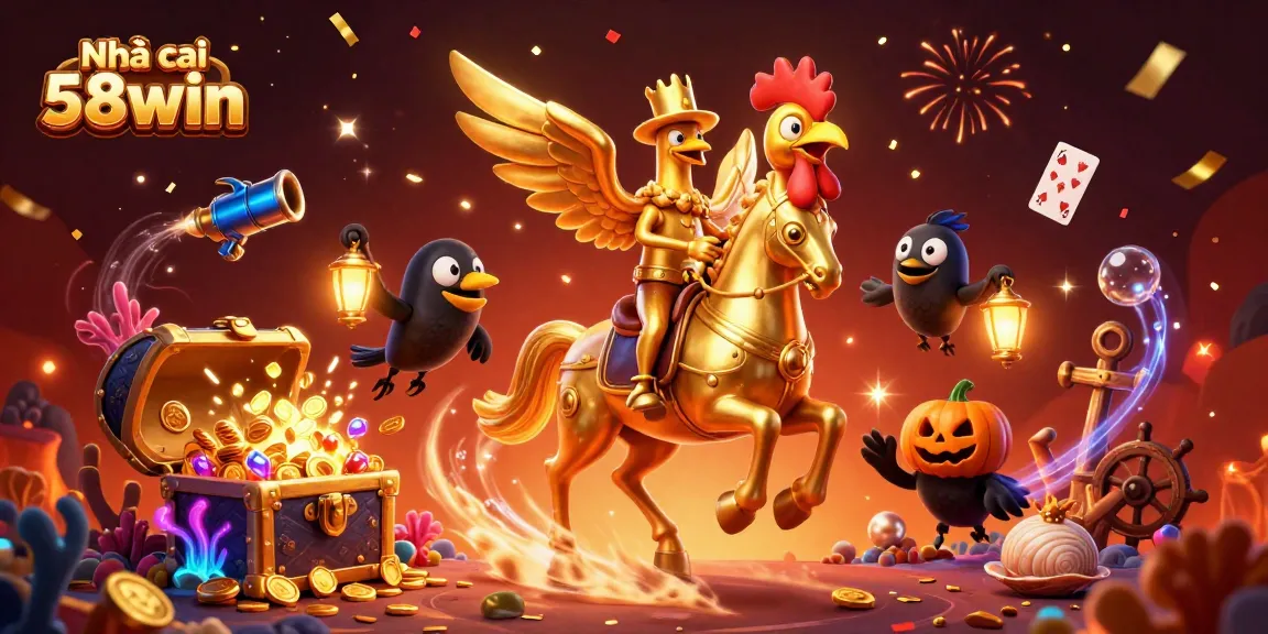 Experience the thrill of the casino with Nhà cái 58win as the golden rooster rides through a vibrant gaming world.