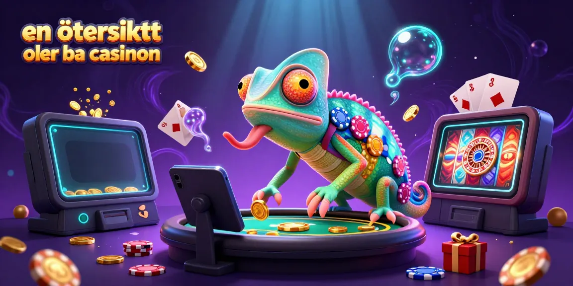 En översikt över bra casinon med en 3D-chameleon kille som fångar mynt i ett livligt kasinoscenario.