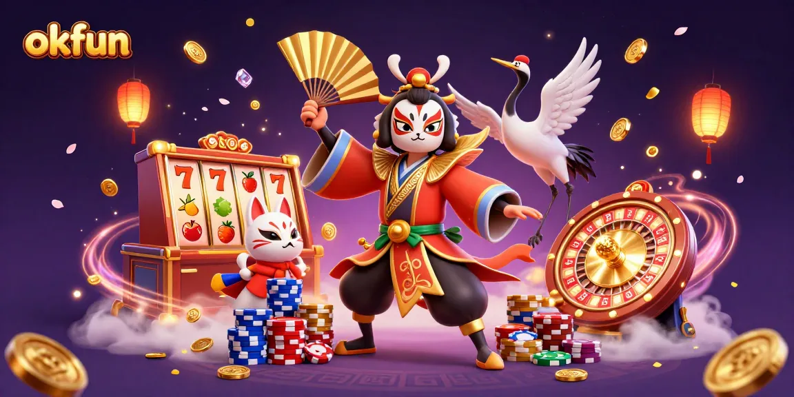 Experience thrilling gaming action at okfun with dynamic slot machines and casino elements in a vibrant scene.