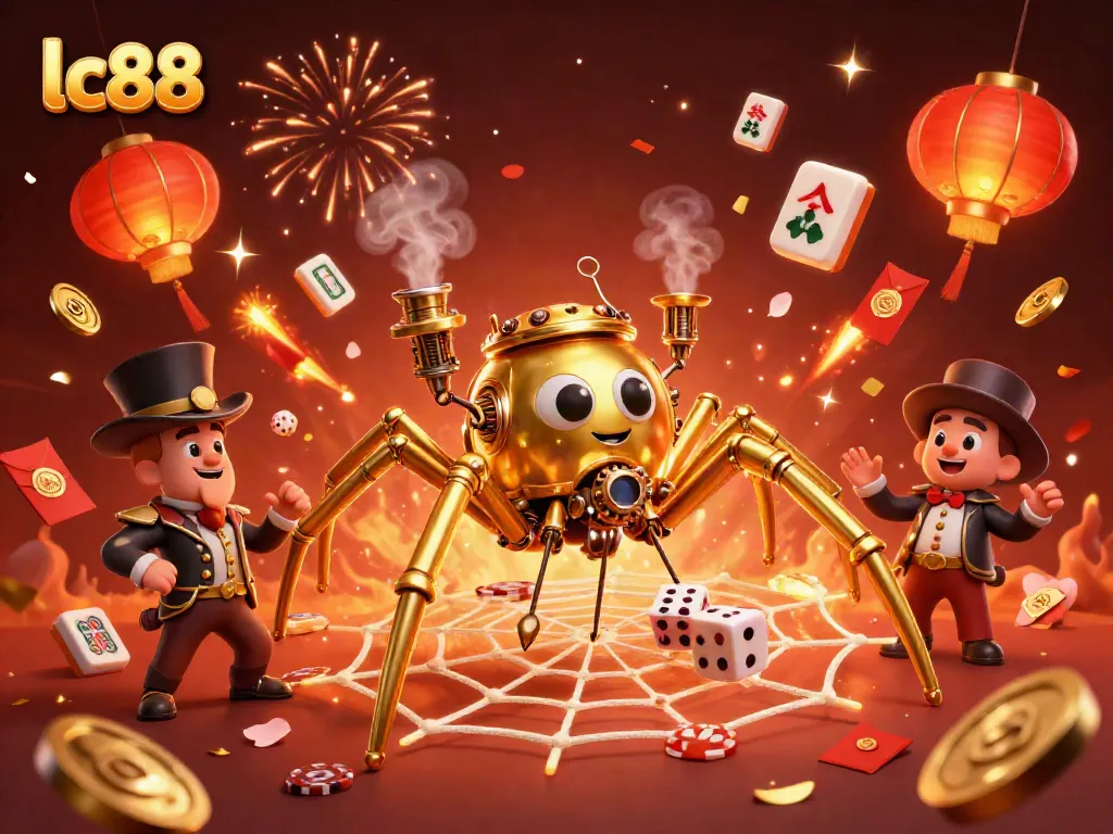 Engage in exhilarating gaming with lc88's vibrant casino scene filled with 3D characters and festive elements.