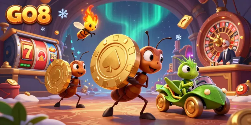 Engage with GO8's thrilling 3D casino heist scene featuring dynamic gaming elements and vibrant characters.