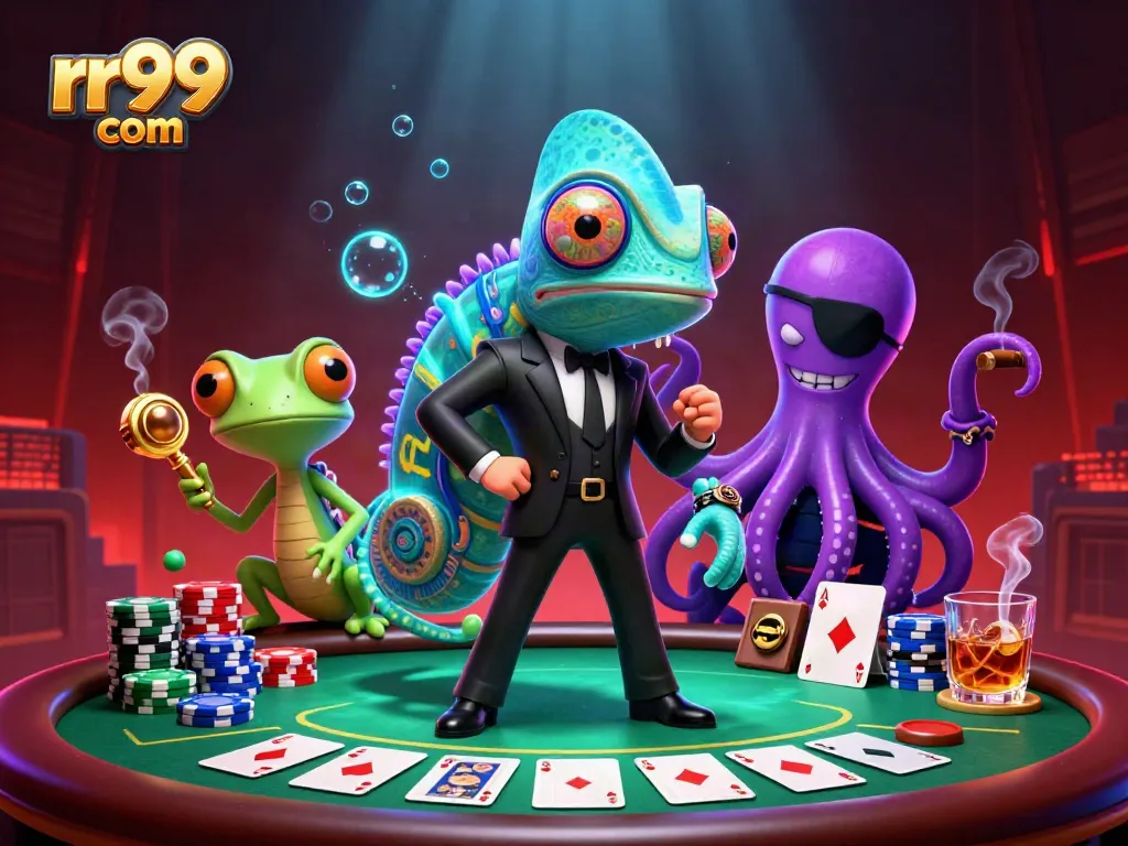 Experience gaming excitement at rr99 com with three characters in a vibrant casino scene.