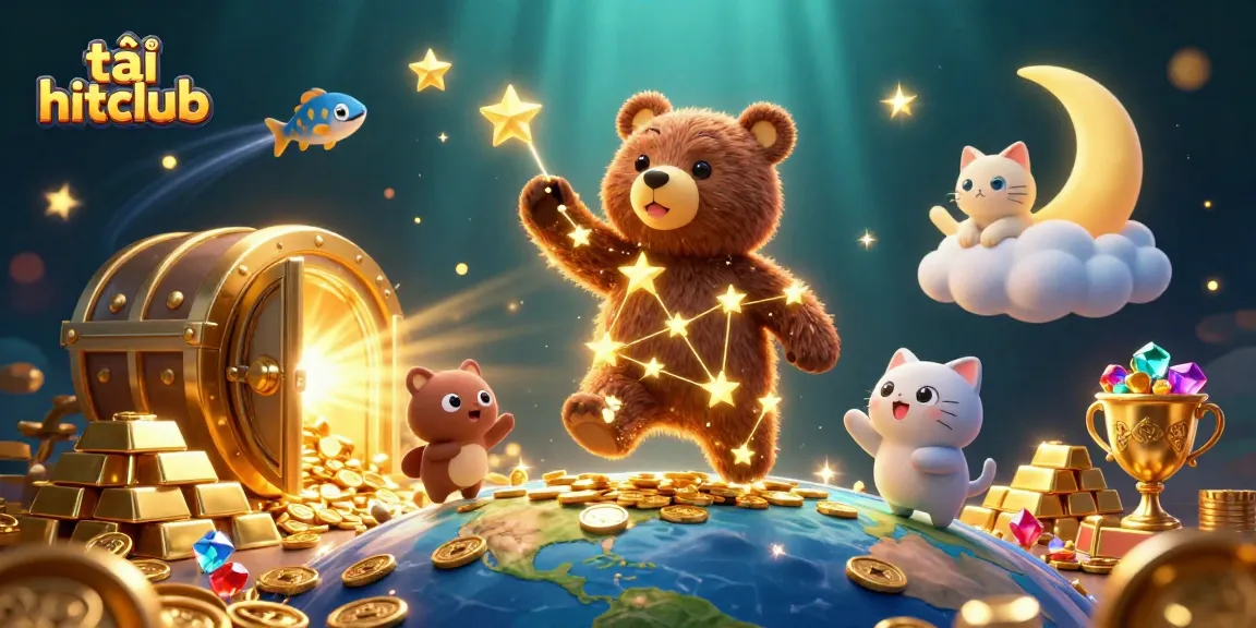 Win big with tải hitclub in an engaging 3D casino illustration showcasing gold treasures and characters.