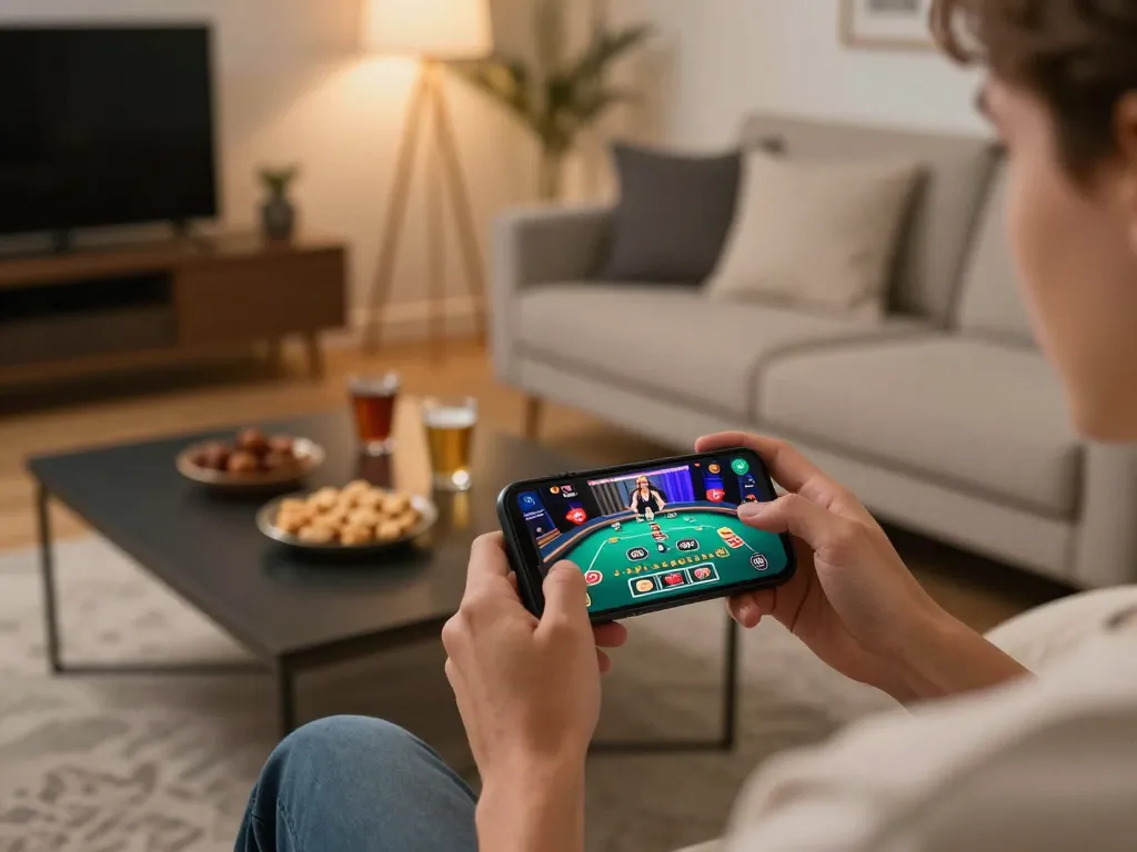Engaging with ae888a casino app on smartphone in modern living room, live dealer game visible