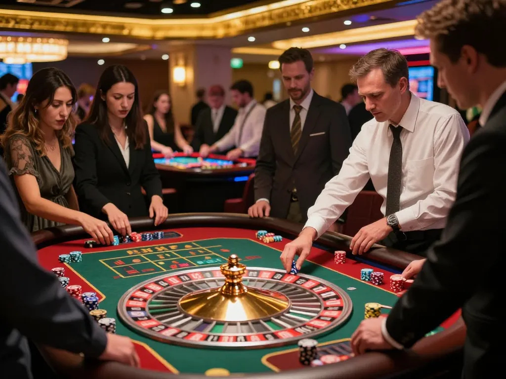 Players strategizing bets at a roulette table in a vibrant casino scene, showcasing the excitement of lu88yy gaming.