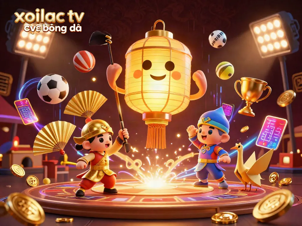 Xoilac tv trực tiếp bóng đá showcases a vibrant scene with magical elements, vibrant sports balls, and energy.