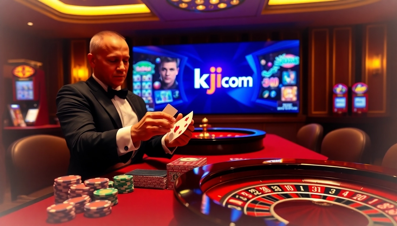 Experience the thrill of gaming at kjc.com with a vibrant casino scene of cards and poker chips.