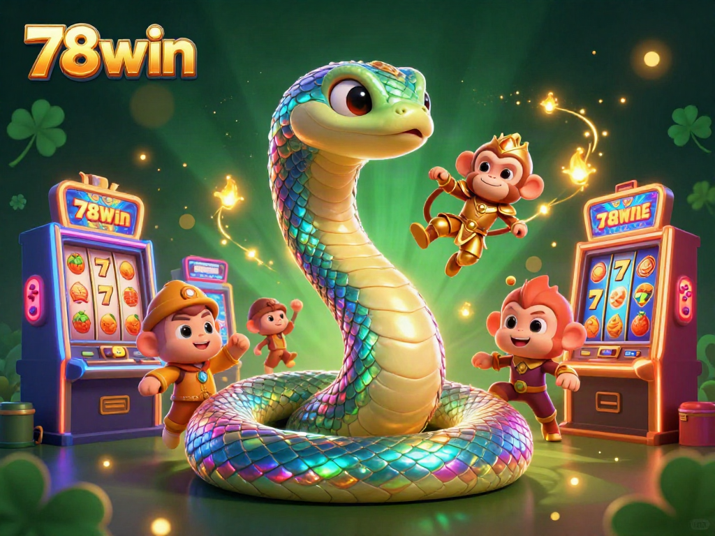 Experience the thrill at 78win with a vibrant 3D casino scene featuring a rainbow serpent and a monkey king amid slot machines.