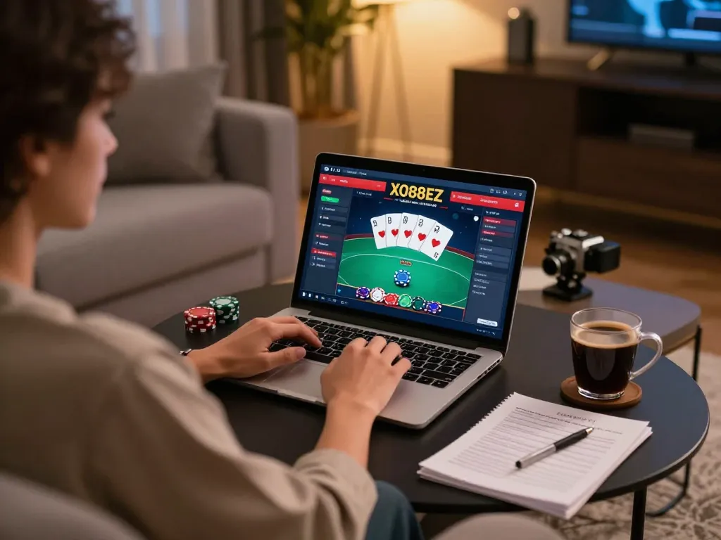 Engaging scene of online poker gameplay at XO88EZ, showcasing strategic decisions in a cozy home setting.