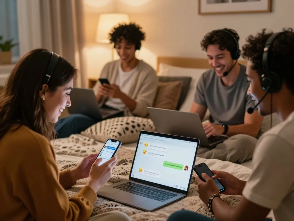 Engaging sex chat scene with adults connecting and laughing in cozy environments.