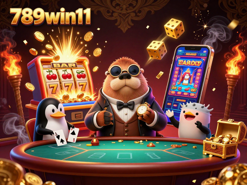 Engage with 789win11's vibrant casino scene featuring a jolly walrus playing poker, filled with jackpot excitement.
