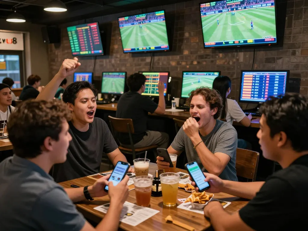 Engaging scene of visitors placing bets at Thể thao vu88 while cheering for live sports events.