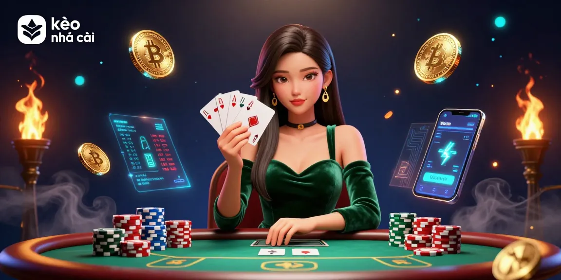 Engage with the thrilling world of kèo nhà cái as a focused player excels at poker, surrounded by dynamic crypto elements.