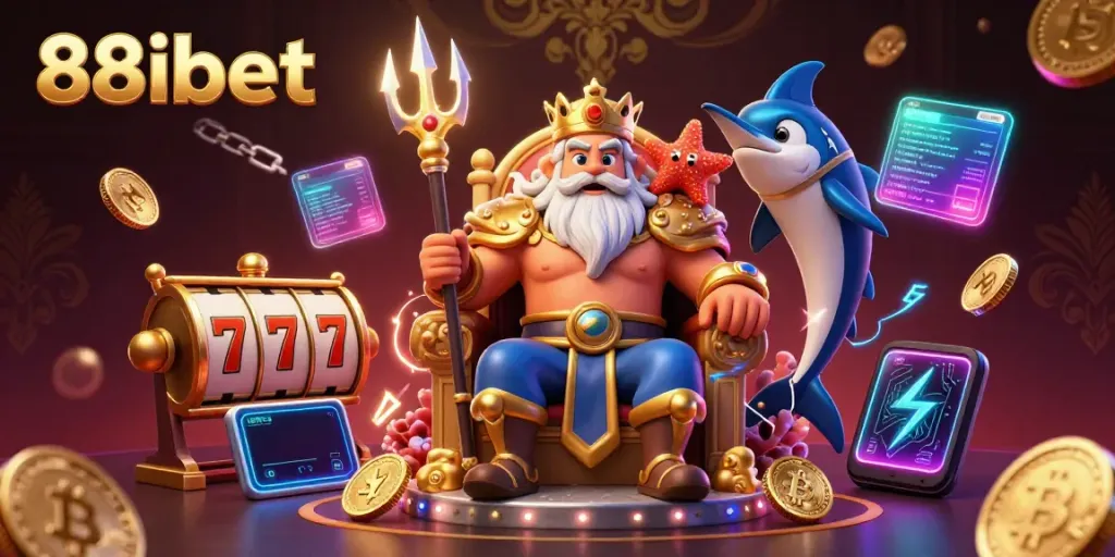 Experience thrilling gains with 88ibet's vibrant 3D illustration featuring Neptune and exciting casino game elements.