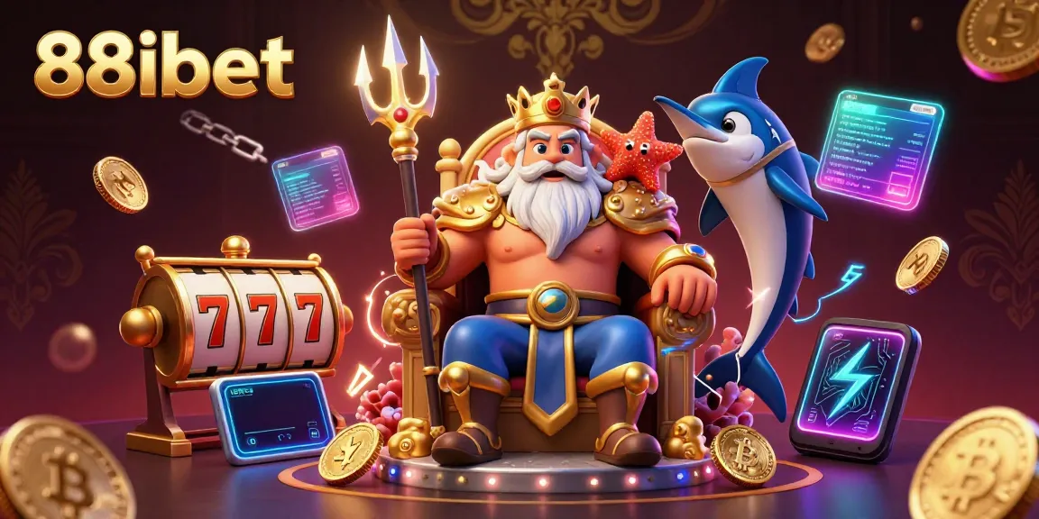 Experience thrilling gains with 88ibet's vibrant 3D illustration featuring Neptune and exciting casino game elements.