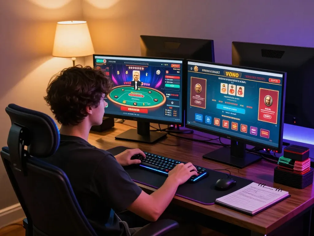 Dabet users engaged in strategic online gambling with multiple screens showcasing various casino games.