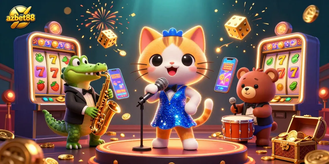 Experience the excitement of azbet88 casino with a vibrant 3D illustration featuring lively characters and thrilling games.