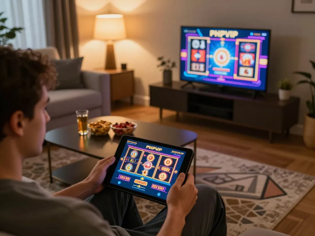 Person engaging with PHPVIP online casino on tablet in a cozy home setup